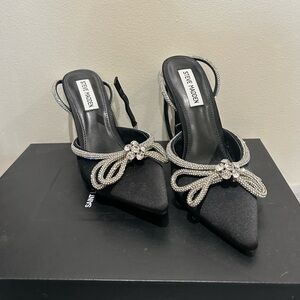 Steve Madden Black Satin Heels with Silver Accents